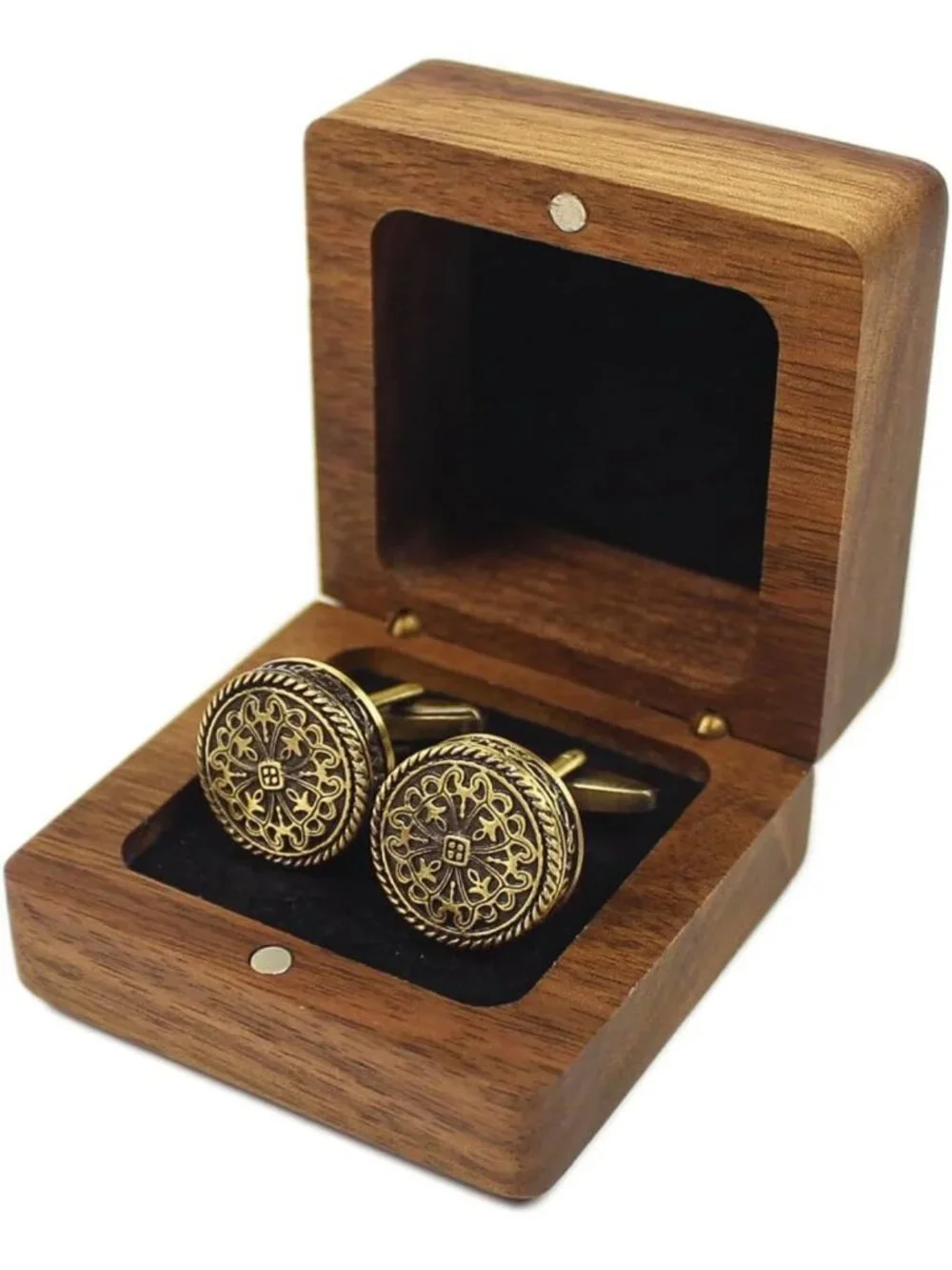 Vintage Round Brass Cufflinks for Men, Tuxedo Accessories with Walnut Gift Box